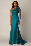 Peacock One Shoulder Satin Sheath Formal Dress with Slit