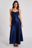 Stretch Satin Navy Spaghetti Straps Sheath Formal Dress