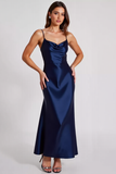 Stretch Satin Navy Spaghetti Straps Sheath Formal Dress