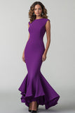 Plum Crepe Mermaid Round Neck Formal Dress