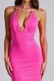 Fuchsia Mermaid Halter Formal Dress With Slit