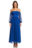 Off The Shoulder Long Sleeve Royal Blue A Line Formal Dress