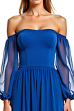 Off The Shoulder Long Sleeve Royal Blue A Line Formal Dress