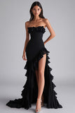 Black Mermaid Strapless Ruffled Formal Dress With Slit