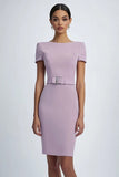 Lilac Sheath Cap Sleeve Midi Formal Dress With Belts