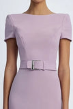 Lilac Sheath Cap Sleeve Midi Formal Dress With Belts