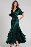 V-Neck Dark Green A Line Ruffled Long Formal Dress