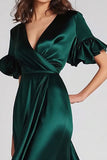 V-Neck Dark Green A Line Ruffled Long Formal Dress