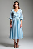 V-Neck Sky Blue A Line Chiffon Tea Length Formal Dress