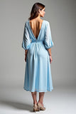 V-Neck Sky Blue A Line Chiffon Tea Length Formal Dress