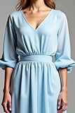 V-Neck Sky Blue A Line Chiffon Tea Length Formal Dress