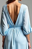 V-Neck Sky Blue A Line Chiffon Tea Length Formal Dress