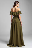 Olive Off The Shoulder Chiffon Long Formal Dress