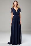 Navy V-Neck A Line Formal Dress With Beading