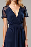 Navy V-Neck A Line Formal Dress With Beading