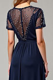 Navy V-Neck A Line Formal Dress With Beading