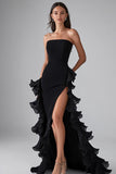 Black Ruffled Elegant Long Formal Dress With Slit