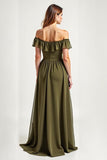 Olive Off The Shoulder Chiffon Long Formal Dress