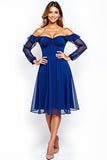 Long Sleeve Off The Shoulder Midi Royal Blue Formal Dress