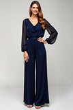 Navy V-Neck Long Sleeve Chiffon Formal Dress