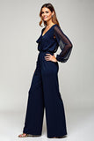 Navy V-Neck Long Sleeve Chiffon Formal Dress