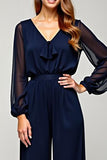 Navy V-Neck Long Sleeve Chiffon Formal Dress