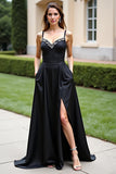 Black Satin Spaghetti Straps Beaded Long Formal Dress With Slit