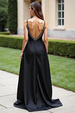 Black Satin Spaghetti Straps Beaded Long Formal Dress With Slit