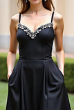 Black Satin Spaghetti Straps Beaded Long Formal Dress With Slit