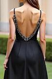 Black Satin Spaghetti Straps Beaded Long Formal Dress With Slit