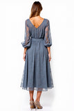 V-Neck Grey A Line Tea Length Formal Dress With Lace