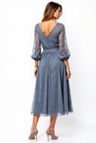 V-Neck Grey A Line Tea Length Formal Dress With Lace