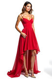 Red A Line Asymmetrical Chiffon Formal Dress With Ruffles