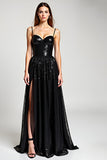 Sparkly Black Spaghetti Straps Long Formal Dress With Slit