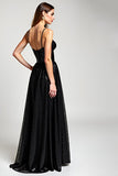 Sparkly Black Spaghetti Straps Long Formal Dress With Slit