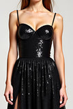 Sparkly Black Spaghetti Straps Long Formal Dress With Slit