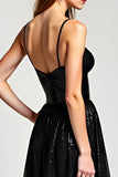 Sparkly Black Spaghetti Straps Long Formal Dress With Slit