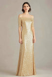 Gold Off The Shoulder Sheath Formal Dress With Sequins