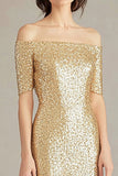 Gold Off The Shoulder Sheath Formal Dress With Sequins