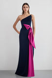 One Shoulder Sheath Long Navy Formal Dress With Bows