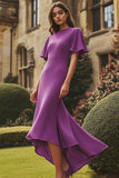 Plum Matte Satin Sheath Ruffled Formal Dress