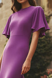 Plum Matte Satin Sheath Ruffled Formal Dress