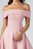 Off The Shoulder Pink A Line Satin Formal Dress