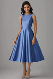 Blue A Line Sleeveless Ruched Satin Midi Formal Dress