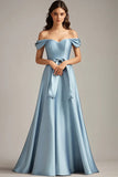 Off The Shoulder A Line Sky Blue Satin Formal Dress