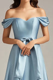 Off The Shoulder A Line Sky Blue Satin Formal Dress