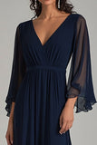 A Line Navy V-Neck Chiffon Formal Dress