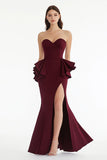 Strapless Mermaid Burgundy Ruffled Formal Dress