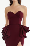 Strapless Mermaid Burgundy Ruffled Formal Dress