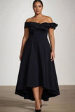 Off The Shoulder A Line Plus Size Black Satin Formal Dress